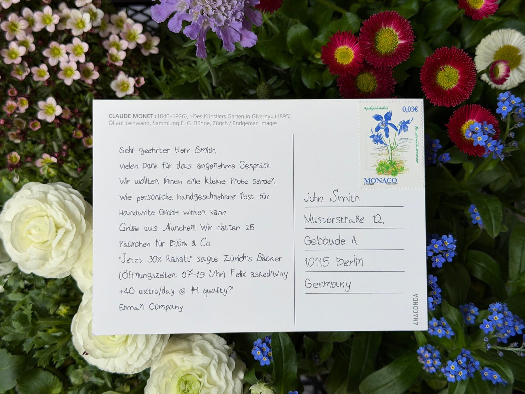Handwrite sample postcard with a handwritten message among flowers